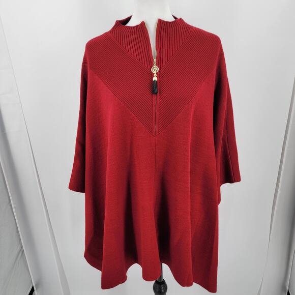 Anne Klein Poncho Womens Large Knit Red Mock Neck Half Zip Ribbed Neckline - Picture 1 of 11